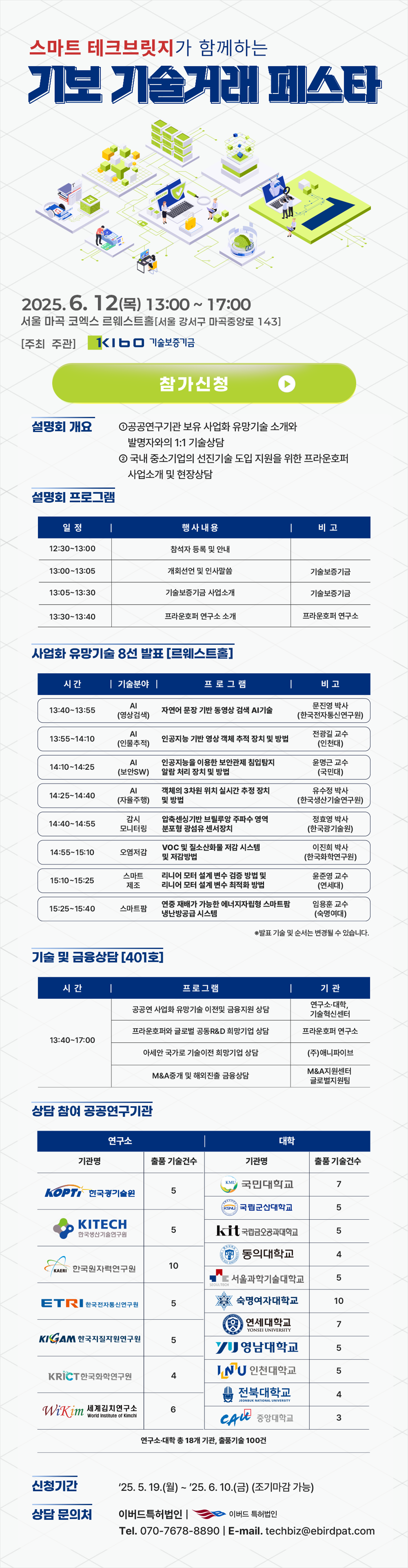스마트 테크브릿지가 함께하는 2025년 사업화유망기술 설명회 2025.6.12(목) 12:30 ~ 18:00 서울 마곡 코엑스 르웨스트홀(발표), 401호 (기술 밎 금융상담) [주최,주관] 기술보증기금